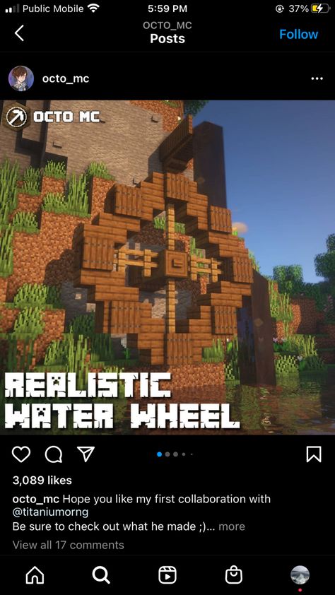 Minecraft Wheel House, Minecraft House With Water Wheel, Minecraft Water Wheel Design, Minecraft Water Wheel House, Water Builds Minecraft, Minecraft Village Bell Ideas, Water Mill Minecraft, Water Wheel Minecraft, Minecraft Forge Ideas