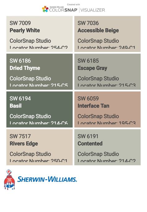 I just created this color palette with the Sherwin-Williams ColorSnap® Visualizer app on my Android phone. What do you think? You can learn more about ColorSnap Visualizer and get it on your phone free by visiting https://www.sherwin-williams.com/content/colorsnap.html. Rivers Edge Sherwin Williams, Sherwin Williams Rivers Edge, Contented Sherwin Williams, Door Colour, Rivers Edge, Accessible Beige, River Edge, Sherwin Williams Paint Colors, Paint Samples