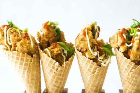 Chicken And Waffle Cone Recipe, Waffle Cone Recipe, Sriracha Chicken, Fast Casual Restaurant, Waffle Cone, Fast Casual, Waffle Cones, Chicken And Waffles, Cheese Sandwiches