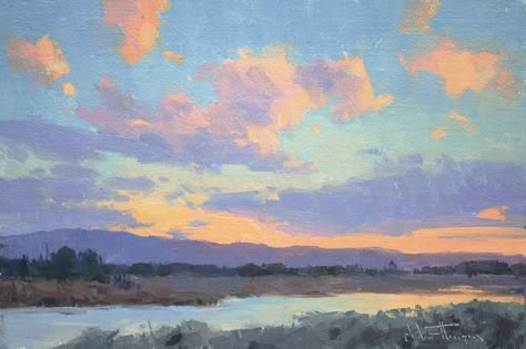 Simple Landscape Painting, Sunset Art Painting, Paintings Scenery, Student Painting, Gouache Landscape, Dreamy Clouds, Impressionism Landscape, Landscape Painting Tutorial, Ap Studio Art