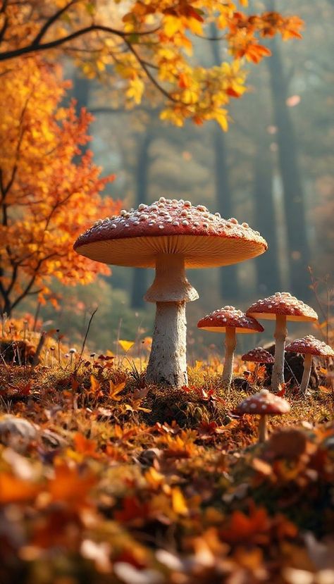 Fall Aesthetic Mushroom, Real Mushroom Wallpaper, Fall Mushrooms Wallpaper, Orange Mushroom Aesthetic, Wallpaper Backgrounds Mushrooms, Red Fall Wallpaper, Fall Mushroom Wallpaper, Mushroom Forest Aesthetic, Autumn Objects