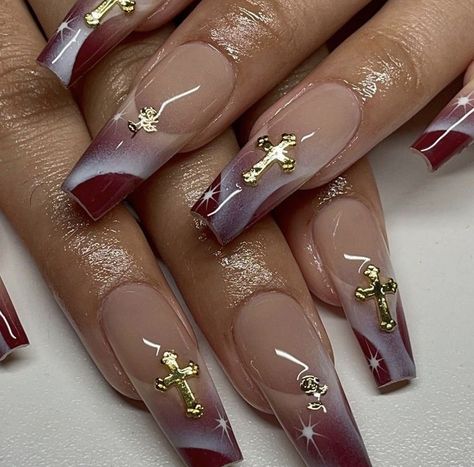 Nail Ballerina, Cross Nails, Maroon Nails, Pretty Gel Nails, Really Cute Nails, Unique Acrylic Nails, Gem Nails, Fire Nails, Funky Nails