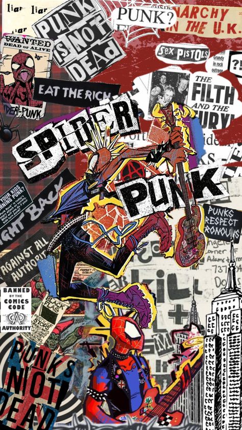 Punk Aesthetic Wallpaper, Punk Collage, Spiderman Poster, Punk Wallpaper, Spider Punk, Grunge Pictures, Punk Poster, Goth Wallpaper, Black Comics