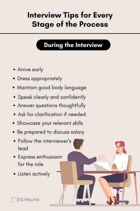 Master the interview process with EQ Resume's comprehensive tips for every stage, focusing on strategies during the interview itself. Be confident and prepared with our expert advice. #interviewtips #interviewadvice #EQResume #jobinterview #interviewstrategies #jobsearchtips #careerdevelopment #interviewsuccess #professionalgrowth #jobinterviewprep Job Interview Prep, Job Interview Preparation, Job Interview Advice, Interview Advice, Interview Prep, Interview Process, Job Interview Tips, Job Search Tips, Interview Preparation