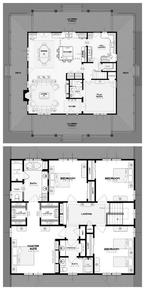 Practical Family Floor Plan! Open layout, mud room, lots of storage wraparound porch, fireplace. Four square, farmhouse, colonial, southern coastal style house. Floor Plans Square House, Frat House Floor Plans, Square Open Floor Plan, Open Concept Colonial Floor Plan, First Floor House Design Layout, Downstairs Floor Plan, Colonial Home Layout, Dream House Layout Floor Plans, Square Home Floor Plans