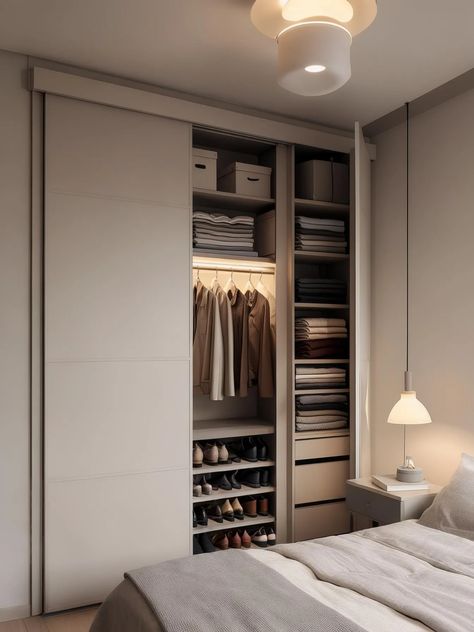 Maximize storage in a small space with a built-in closet featuring sliding doors and open compartments. Discover modular closets that keep your items neat and accessible, while built-in bookcases add additional functionality. Perfect for those looking for no closet storage ideas that are both stylish and practical. No Closet Storage Ideas, Closet Storage Ideas, Built In Closet, Modular Closets, No Closet, Maximize Storage, Small Bedrooms, Built In Bookcase, Closet Ideas