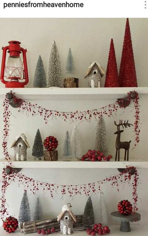 This cute Christmas display is from penniesfromheaven IG account. Wall Shelf Christmas Decor, Decorating Bookcases For Christmas, Christmas Decorated Shelves, Christmas Frame Decor, Christmas Shelf Decorations, Christmas Floating Shelves, Christmas Ledge Decorations, How To Decorate Shelves For Christmas, Christmas Archway Decor Indoor