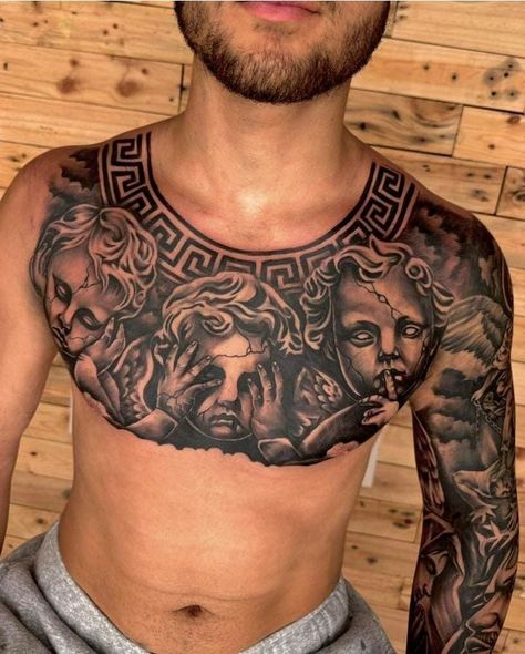 Chest Piece Tattoo Men Design, Mens Stomach Tattoo, Tato Realis, Tattoo Peito, Full Neck Tattoos, Chest Tattoo Drawings, Mens Body Tattoos, Full Chest Tattoos, Black Men Tattoos