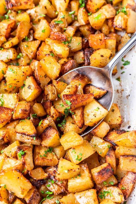 Oven Baked Potatoes Cubes, Oven Roasted Hashbrown Potatoes, Oven Baked Hashbrown Potatoes, Oven Baked Breakfast Potatoes, Cubed Roasted Potatoes, Potato Diced Recipes, Savory Potatoes, Perfect Breakfast Potatoes, Dice Potatoes Recipes