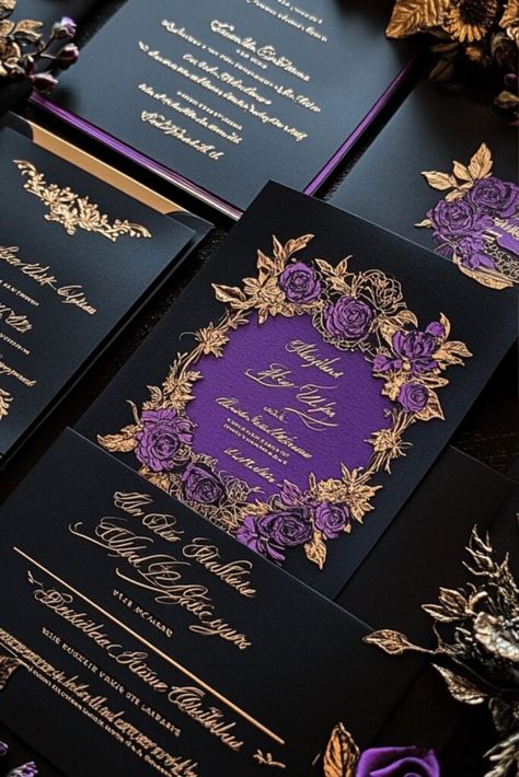 Discover bold and elegant black and purple wedding ideas to inspire your big day. Explore unique color schemes, stylish decor, and stunning bridal party looks. Learn how to incorporate these rich hues into your wedding theme, from flowers and centerpieces to invitations and table settings. Create a memorable celebration with our tips and ideas for a sophisticated black and purple wedding. Perfect for couples seeking a distinctive and unforgettable event. Purple Save The Date, Black And Purple Wedding, Unique Color Schemes, Bridal Party Looks, Purple And Gold Wedding, Purple Wedding Ideas, Wedding Ideas On A Budget, Gold And Purple, Save The Date Template