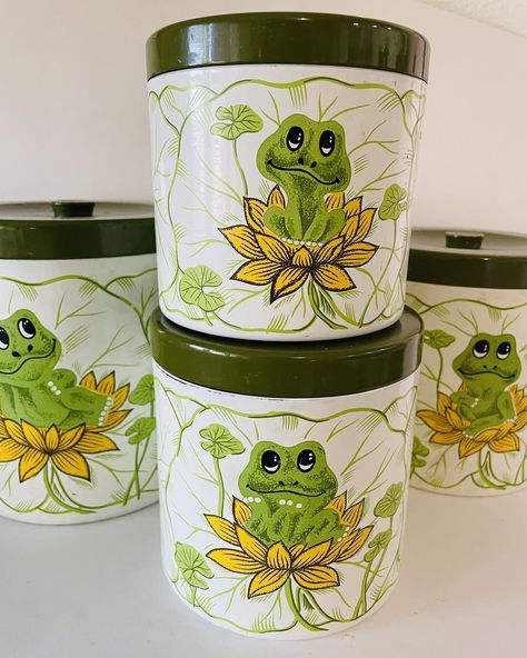 I promised to introduce you to Neil the frog and here his is. He has a different pose on each canister and the avocado green lids are 👌 . He’s was made by Sears and Roebuck in 1977, he’s $68 for the set, SOLD . . . . #groovy #70shomedecor #atomicage #spaceageinteriors #kcvintage #vintagestyle #etsyfinds #1970style #madmenstyle #instagramvintage #vintagehomedecor #vintageshop #spinsterbogwitch #postmodern #vintagestyle #vintageforsale #etsyseller #midcentury #midcenturymodern #etsysellersofin... 70s Dishes, Space Age Terrarium, Bog Witch, 70s Ceramics Vintage, 1970s House, Vintage Mushroom Canisters, 1970s Ceramics, Mad Men Fashion, 70s Home Decor