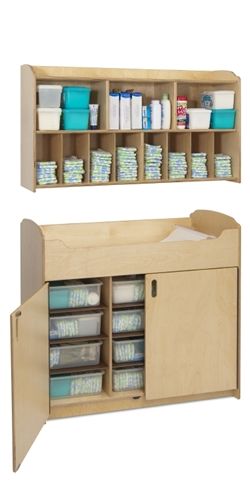 Serenity™ Changing Table with optional diaper organizer. Use as an idea for under the changing table. Diaper Organizer Ideas, Daycare Rooms Setup, Daycare Room Design, Daycare Room Ideas, Church Nursery Decor, Church Nursery Ideas, Daycare Setup, Home Daycare Ideas, Diy Bank