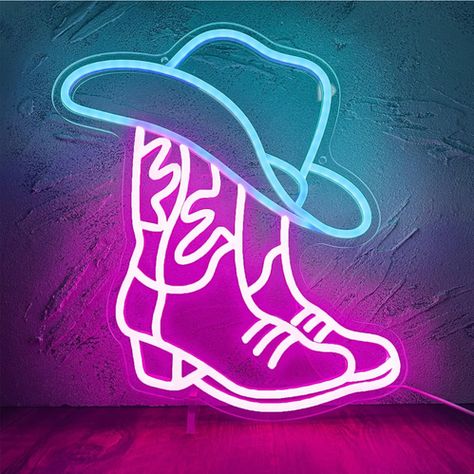 Cowboy Boot and Hat Neon Sign, LED Pink Cowgirl Boots Neon Sign Wall Decor, Pink | Monogram Markets Blue Cowboy Hat, Game Room Bedroom, Pink Cowboy Boots, Pink Neon Sign, Pink Cowgirl Boots, Neon Sign Wall, Cowboy Shoes, Western Wall Art, Pink Cowgirl