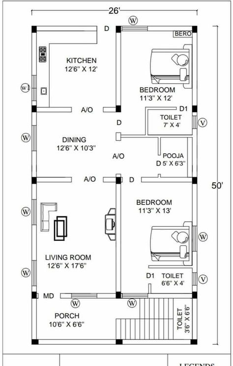 26×50 House Plan, 22×36 House Plan, 30x50 House Plans North Facing, 26x50 House Plans, 40x60 House Plans, Smart House Plans, House Plan Ideas, 30x50 House Plans, Drawing House Plans