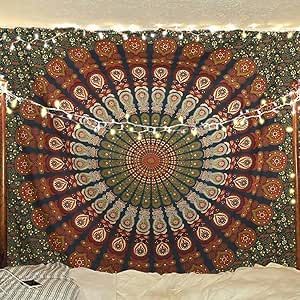 Bless International Indian hippie Bohemian Psychedelic Golden Blue Peacock Mandala Wall hanging Bedding Tapestry (Golden Green, King (88x104Inches)(225x265Cms)) Peacock Mandala, Hanging Beds, Mandala Tapestries Wall Hangings, Mandala Wall Hanging, Large Tapestries, Golden Green, Tapestry Wall Art, Mandala Wall, Mandala Tapestry