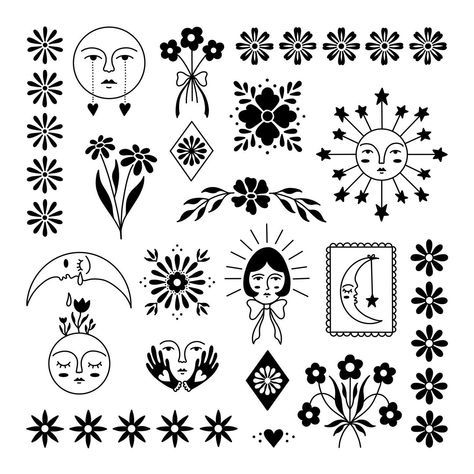 Folk Art Tattoo Flash, Mexican Folk Tattoo, Traditional Folk Tattoo, Talavera Tattoo, Modern Traditional Tattoos, Little Flower Tattoo, 70s Tattoo Ideas, Flowers With Faces, Folk Art Tattoo