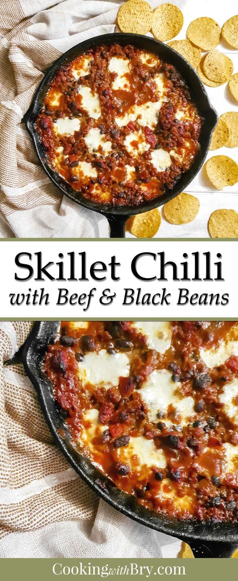 Cheesy Chilli Skillet Recipe- ground beef seasoned with plenty of spices and cocoa powder for the tastiest chilli yet. Cooked in a skillet with melted golden cheese and black beans, this easy one-pot skillet chilli recipe will save on washing and up and the entire family will love it. Get all the best recipes from Cooking with Bry - your one stop site for the best homecooked recipe ideas. No frills and no fuss, these recipes are the best comfort food you’ll find online. Skillet Chilli, Skillet Chili, Chilli Recipe, Pork Recipes For Dinner, Drink Inspiration, Chilli Recipes, Cast Iron Skillet Recipes, Homemade Beef, Best Comfort Food