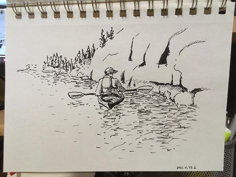 Peaceful kayaking in Waterton. - [ ] #urbansketch #penandink #drawing #minimalistsketch #travelsketch #inkdrawing #fountainpendrawing #sketchbook #blackinksketch #loosesketch Creek Drawing, Fountain Pen Drawing, Travel Sketches, Ink Sketch, Ink Drawing, Pen And Ink, Kayaking, Sketch Book, My Art