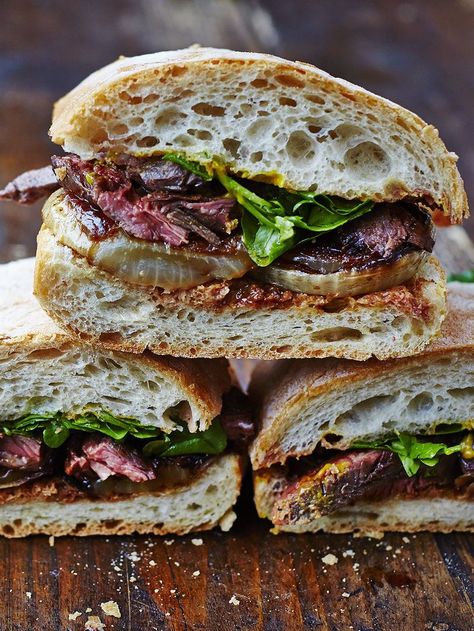 Next-level steak sandwich recipe | Jamie Oliver recipes Caramelized Onion Sandwich, Onions Recipes, Onion Sandwich, Steak Sandwich Recipes, Caramelised Onions, Monte Cristo Sandwich, Meat And Vegetables, Pizza Sandwich, Easy Steak