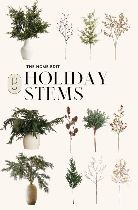 Holiday stems I love // winter stems, holiday greenery, holiday console styling, holiday entryway styling, holiday decor, winter decor, winter vase filler, holiday vase filler Green Vase Christmas, Vases With Christmas Greenery, Christmas Decor Vase Ideas, Winter Vase Decor, Christmas Stems Vase, Holiday Vase Filler Ideas, Christmas Decor Ideas Vases, Winter Vase Filler Ideas, Christmas Vase Decor