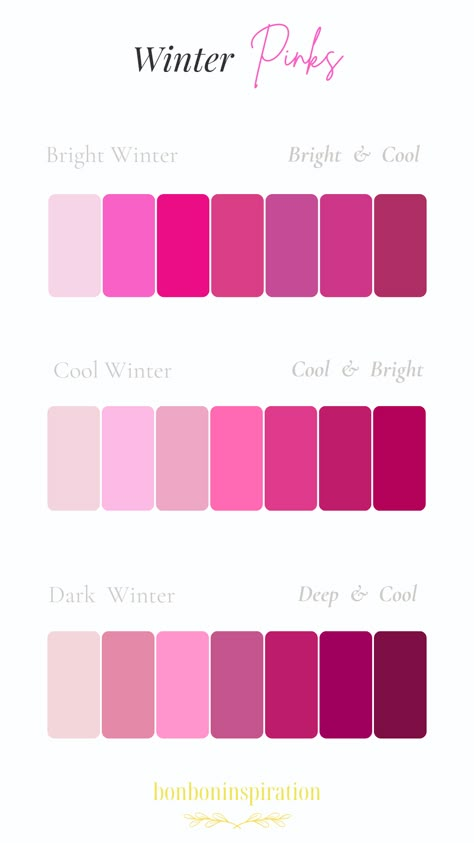 Deep Winter Color Palette Pink, Deep Winter Pink Palette, Winter Color Season Palette, Golden Spring Color Palette, Deep Winter Pink, Bright Winter Color Palette Outfits, Cool Winter Color Palette Outfits, Pink Undertone Skin, Clear Winter Palette