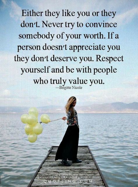 Quotes Either you like you or they don't. Never try to convince somebody of your worth. If a person doesn't appreciate you they don't deserve you. Respect yourself and be with people who truly value you. Appreciate You Quotes, Quotes About People, Like You Quotes, Love You Quotes, Dont Deserve You, Inspirational Life Lessons, Value Quotes, Quality Quotes, Worth Quotes