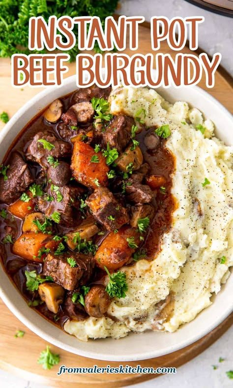 Instant Pot Beef Burgundy with tender chunks of beef, carrots, and mushrooms in a luscious gravy. Pressure cooking creates the best beef bourguignon in a fraction of the time. Rustic, flavorful and sure to impress! Beef Round Steak Recipes, Burgundy Beef, Beef And Mushroom Stew, Cooking Stew Beef, Beef Stew Meat Recipes, Beef Burgundy, Instant Pot Stew, Sirloin Steak Recipes, Round Steak Recipes