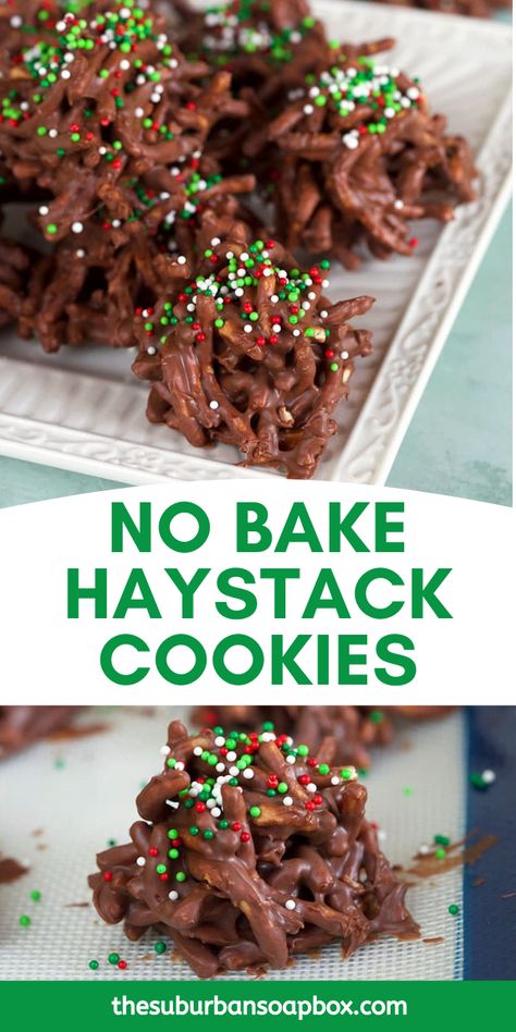 Easy NO BAKE Haystack Cookies are made with chocolate chips, butterscotch and chow mein noodles. Simple to make in just a few minutes, chow mein cookies make a great, quick last minute treat. No Bake Haystack Cookies, Chow Mein Noodle Cookies, Haystack Cookies, Haystacks Recipe, Homemade Cookie, Christmas Cookies Easy, Holiday Snacks, Christmas Cakes, Fun Foods