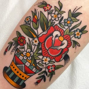 Traditional Plant Pot Tattoo, Potted Plant Tattoo Traditional, Traditional Flower Pot Tattoo, American Traditional Plants, Flower Pot Tattoo, Trad Flower, Black Swan Tattoo, Bachelorette Tattoos, Swan Tattoo