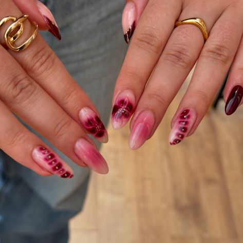 it girl nails 🐆 deep cherry mix and match nails for aleena. always grab an outfit shot on her way out because i trust she’s planned the nails to coordinate lol I keep saying this, but definitely my favourite set I’ve ever done (so far? lmao) builder gel nails + one extension ☝🏻 this combo of aura, flowers, blooming gel, french + glitter was absolutely lovely to create and although I went a bit non verbal while working out the steps I’m absolutely in love with it 🤣 i’m cait, a colchester ... Bloom Nails Art, Blooming Gel Aura Nails, Fall Blooming Gel Nails, Blooming Gel Flowers, Blooming Gel Flower, Nails With Blooming Gel, Builder Gel Nails Design, Blooming Gel Designs, It Girl Nails