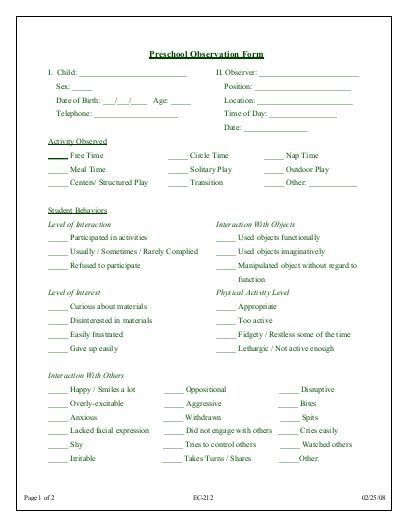 Preschool Observation Form Observation Forms For Preschool, Preschool Observation Form, Teacher Observation Checklist, Teacher Observation Form, Classroom Observation Form, Preschool Assessment Forms, Kindergarten Behavior, Child Development Theories, Classroom Observation