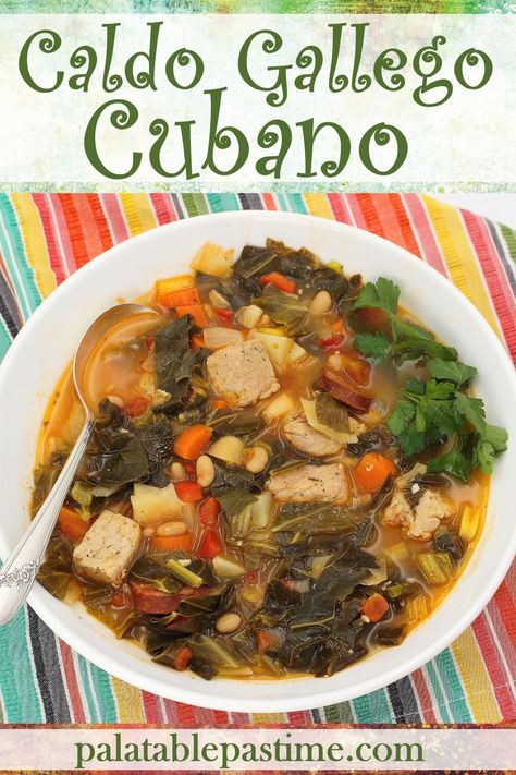 Caldo Gallego Cubano is a Caribbean inspired soup  made with white beans, lechon asado, chorizo, potatoes and the requisite greens. via @suelau1 Winning Soup Recipes, Soup Recipes Hamburger, Mexican Seafood Soup, Cubano Recipe, Chorizo Potatoes, International Soups, Caldo Recipe, Soup Recipes Homemade, Hamburger Soup Recipe