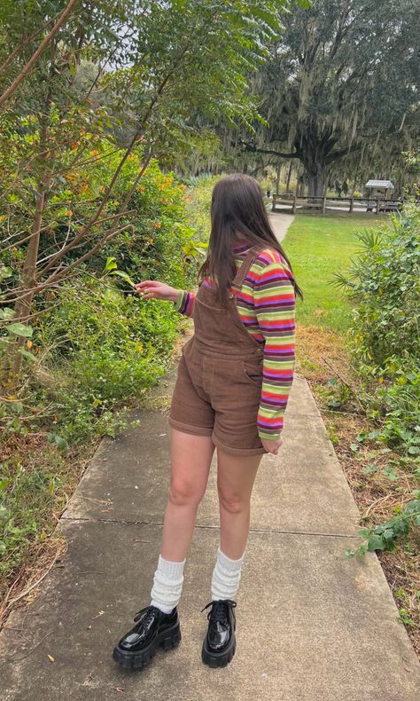 overalls and shoes are from Princess Polly #autumn #princesspolly #corduroy #overalls #Fall #legwarmers #vintage #thrifted #stripedshirt #turtleneck Whimsigoth Inspiration, Brown Overalls Outfits, Overalls Fall, Brown Overalls, Overalls Outfits, Coquette Outfits, Corduroy Overall, Corduroy Overall Dress, Overall Outfit