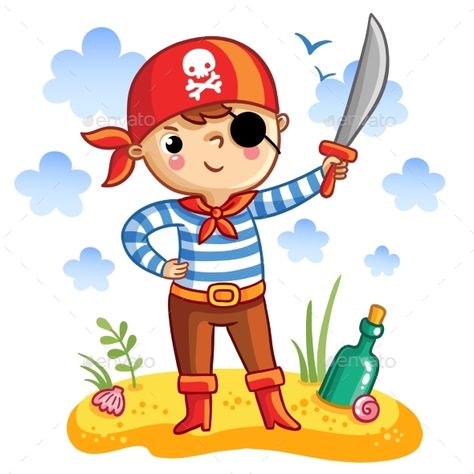 Vector illustration of a cute cartoon pirate on a sandy island with a bottle. Pirate Illustration, Cartoon Pirate, Pirates Illustration, Pirate Cartoon, Pirate Boy, Pirate Kids, Human Logo, Cartoon Sketches, History Projects