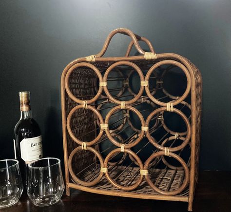 Wicker Wine Rack Rattan Boho Decor 9 Bottle Holder Retro Bohemian Style 70s Tropical, Rattan Decor, Beer Storage, Vintage Rattan, Retro Bohemian, Fredericksburg Va, Boho Retro, Wine Racks, Wine Storage