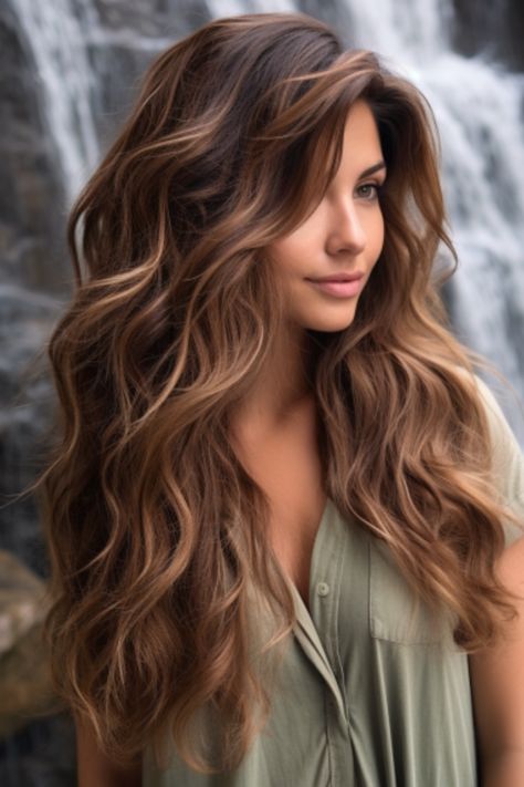 Elevate your hairstyle’s allure with waterfall layers creating a mesmerizing cascading effect. This technique works well on wavy hair, adding fluidity and movement to your locks. Click here to check out more layered haircuts and hairstyles for long hair. Curly Highlights, Rambut Brunette, Long Haircuts, Brunette Hair With Highlights, Brunette Balayage Hair, Ombré Hair, Military Ball, Hair Haircuts, Balayage Brunette