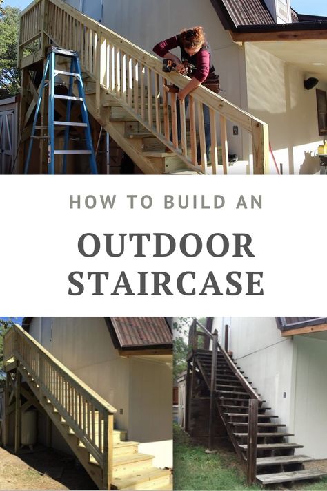 Check out this tutorial as I go through all of the steps I did to take down my unsightly and unsafe staircase and replace it with a custom outdoor staircase. Full video tutorial included! #stairs #staircase #diystairs Outside Staircase Ideas, Outside Stairs To Second Floor, Exterior Stairs To Second Floor, Outdoor Stairs Ideas, Build Outdoor Furniture, Staircase Outdoor, Diy Staircase, Outdoor Steps, Exterior Stairs