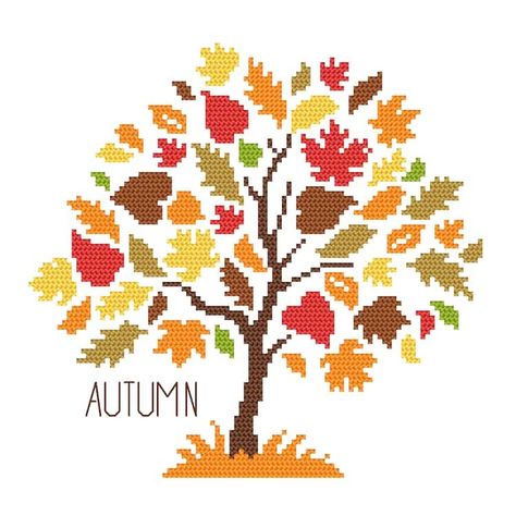 Cross Stitch Seasons, November Cross Stitch, Colorful Cross Stitch Patterns, Autumn Cross Stitch, Seasonal Tree, Tree Autumn, Colourful Cross Stitch, Autumn Cross Stitch Patterns, Diy Craft Kit