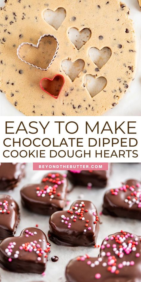 These Chocolate Covered Cookie Dough Hearts combine homemade, edible chocolate chip cookie dough that's covered in a rich, semi-sweet melted dark chocolate, and topped with sprinkles! They're easy to make for any occasion, budget friendly, and are the perfect Valentine's Day gift to make for your schmoo, your friends, neighbors, or coworkers! Recipe on BeyondtheButter.com #valentinesday #beyondthebutter #love #ediblecookiedough #chocolatechipcookiedough Cookie Dough Hearts, Chocolate Chip Cookie Dough Dip, Chocolate Covered Cookie Dough, Edible Chocolate Chip Cookie Dough, Valentine Food, Desserts With Chocolate Chips, Edible Cookie Dough Recipe, Chocolate Covered Cookies, Ultimate Chocolate Chip Cookie