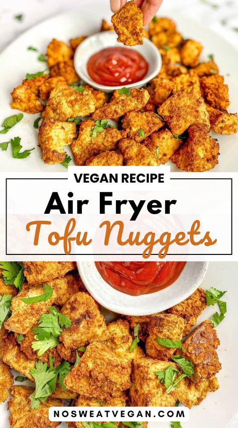 You need to make these delicious and healthy Air Fryer Tofu Nuggets. These crispy tofu bites are lightly seasoned with a blend of spices and cooked to perfection in an air fryer. This is a great recipe for vegetarians and vegans looking for a protein-packed snack or easy meal, they are also popular with kids too! Serve them with your favorite dipping sauce for a satisfying and flavorful meal or tasty snack. #tofunuggets #airfryerrecipes #veganrecipes Vegan Nuggets, Chilli Mayo, Air Fryer Tofu, Tofu Bites, Tofu Nuggets, Vegetarian Ideas, Japanese Diet, Healthy Air Fryer, Vegan Mashed Potatoes