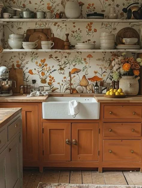 Vintage Cottagecore Interior, Cottagecore Home Design, Vintage Cottagecore Kitchen, Kitchen Ideas Cottagecore, Cottage Kitchen Wallpaper, Cottagecore Aesthetic Kitchen, Cottagecore House Aesthetic, Merry Mushroom Kitchen, Cottagecore House Interior