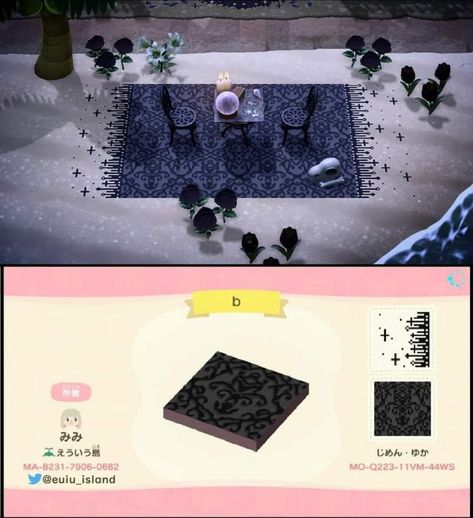 Acnh Black Rug Design Code, Acnh Haunted House Ideas, Black Path Animal Crossing, Dark Animal Crossing, Acnh Paths Designs Black, Animal Crossing Dark Island, Acnh Gothic Designs, Animal Crossing Goth Island Ideas, Acnh Gothic Floor Codes