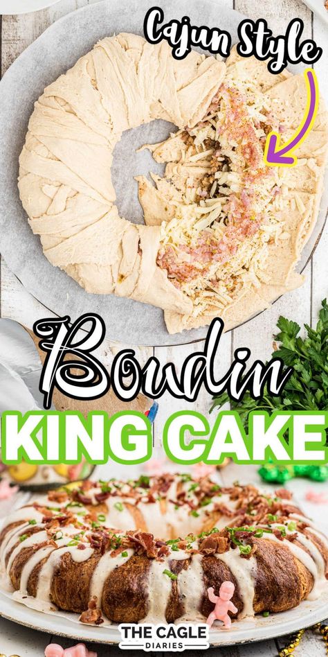 Boudin King Cake, Crescent Roll Pastry, Boudin Recipe, Mardi Gras Desserts, Boudin Sausage, King Cake Recipe, Classic Southern Recipes, New Orleans Recipes, Sausage Stuffing