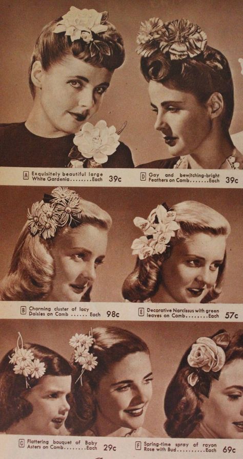 Types of 1940s vintage hair accessories: flowers. Gardenia, daisies and bud roses were popular flowers to wear. Learn more at VintageDancer.com 1940s Flowers, Dragon Prop, 1949 Fashion, 1940's Hairstyles, 1940's Hair, 1940s Hair, Wwii Fashion, 40's Fashion, 1930s Hair