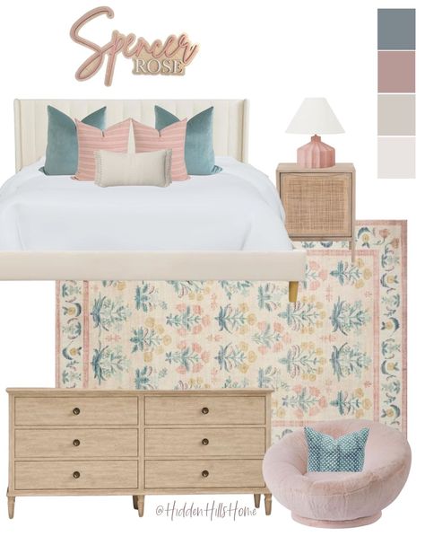 Deeb Upholstered Bed curated on LTK Girls Room Full Size Bed, Teen Girl Bed, Girls Room Blue, Penelope Bedroom, Girls Blue Bedroom, Blue And Pink Bedroom, Pink Girl Room, Girls Bedroom Furniture, Sage Green Bedroom