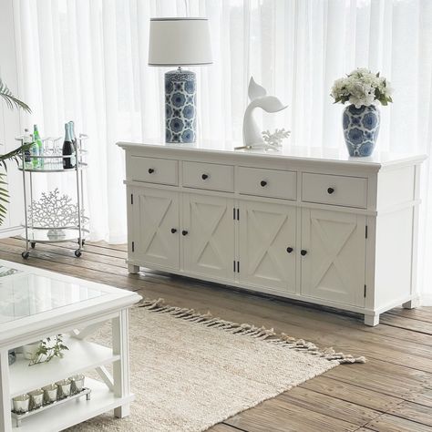 The Sorrento 4 door Buffet in crisp white, is a classic combination of classic and contemporary style. A sound structural design is completed with cross detailing for a look that is well suited to the modern home. Featuring ample storage, the Sorrento buffet combines four drawers and four cupboards providing perfect storage for a living or dining space. 🤍 Available now to pre order 🤍 Blue Ceramic Lamp, Buffet Furniture, Wood Assembly, Structural Design, Black Sideboard, Concrete Furniture, White Sideboard, Hamptons Style, Timber Framing