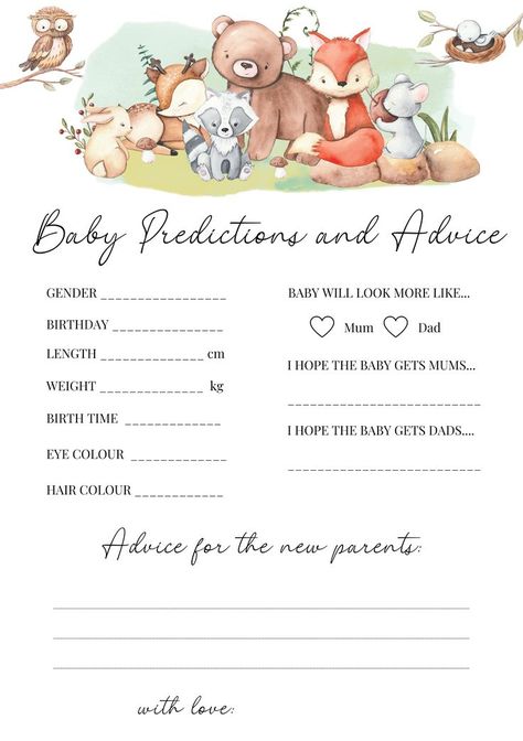 Baby Shower Game - Baby Predictions and Advice Card Are you looking for some games to play at your baby shower? or perhaps you're organising a baby shower and aren't sure what games to have? well these games are ideal to get everyone involved, thinking about the mother to be and the baby that's on the way. They do not require much organisation. Simply download, print and enjoy! Baby Shower Paper Games, Barnyard Baby Shower Ideas, Baby Predictions Printable, Baby Shower Predictions, Baby Shower Prediction Cards, Baby Prediction Cards, Surprise Baby Shower, Baby Predictions, Baby Shower Advice Cards