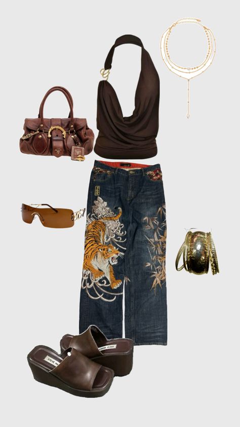 Summer, outfit, collage, baggy jeans, wedges, y2k, outfit Y2k Outfit Collage, Outfit Inspo Collage, Inspo Collage, Outfit Inso, Outfit Collage, Virtual Stylist, Y2k Outfits, Fashion Fabric, Y2k Fashion