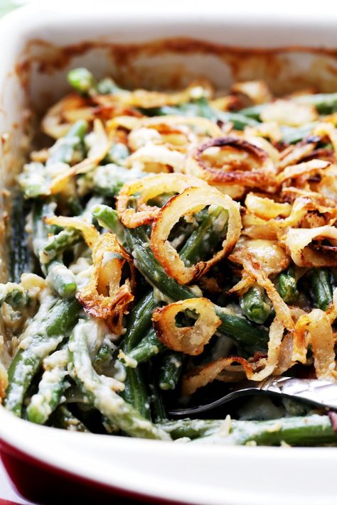 Lightened Up Green Bean Casserole Green Bean Casserole French Fried Onions, Homemade French Fried Onions, French Fried Onion Recipes, Thanksgiving Green Bean Casserole, Fried Onions Recipe, Thanksgiving Green Beans, Creamy Green Beans, Green Bean Casserole Easy, Vegan Green Bean Casserole