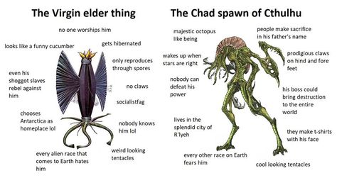 The Virgin elder thing Vs. The Chad spawn of Cthulhu #Lovecraft #memes Lovecraft Memes, Lovecraftian Gods, Eldritch Abomination, Lovecraft Monsters, Lovecraft Art, Cthulhu Art, Mountains Of Madness, Ancient Queen, Lovecraftian Horror